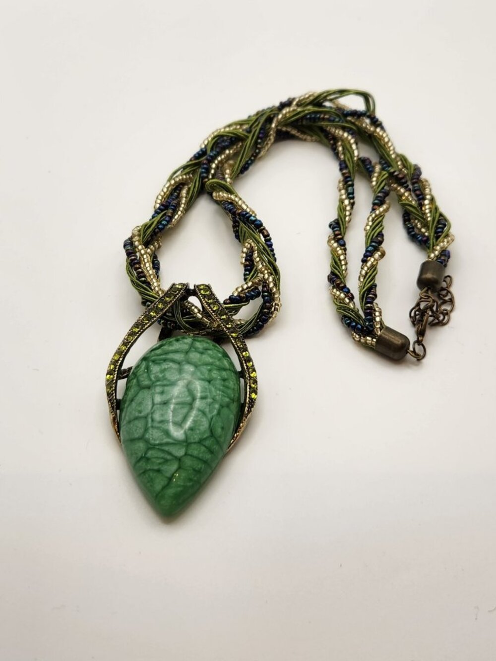 Stone pendant necklace with twist beaded cord gold tone colorful NEW - Picture 2 of 5